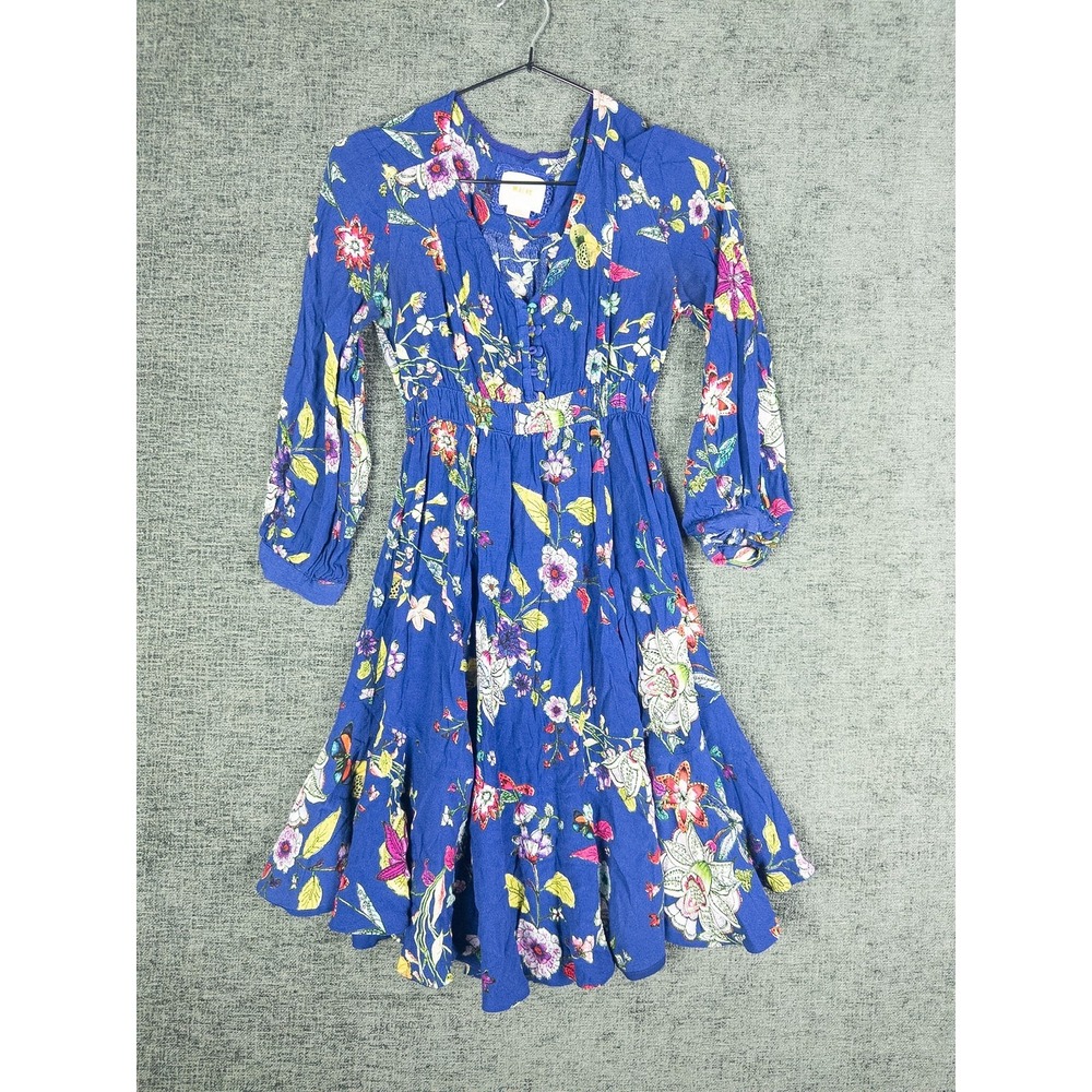 Maeve Anthropologie Floral Dress Womens XSP Blue Boho Butterfly Print 3/4 Sleeve